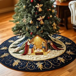 Angels Over the Golden Stable Christmas Tree Skirt - Made to Order TREEK101