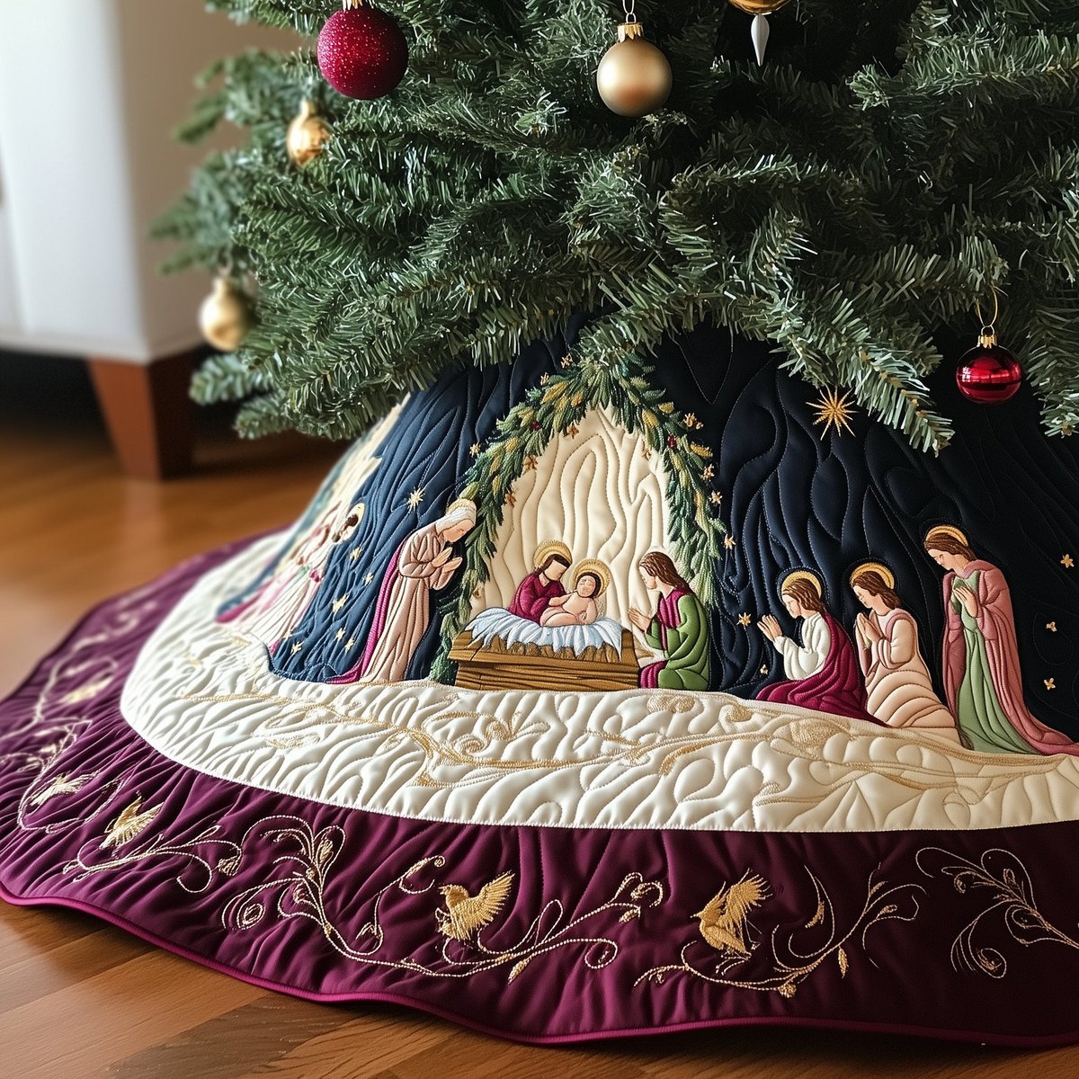 Nativity in the Wreath Cave Christmas Tree Skirt - Made to Order TREEK101