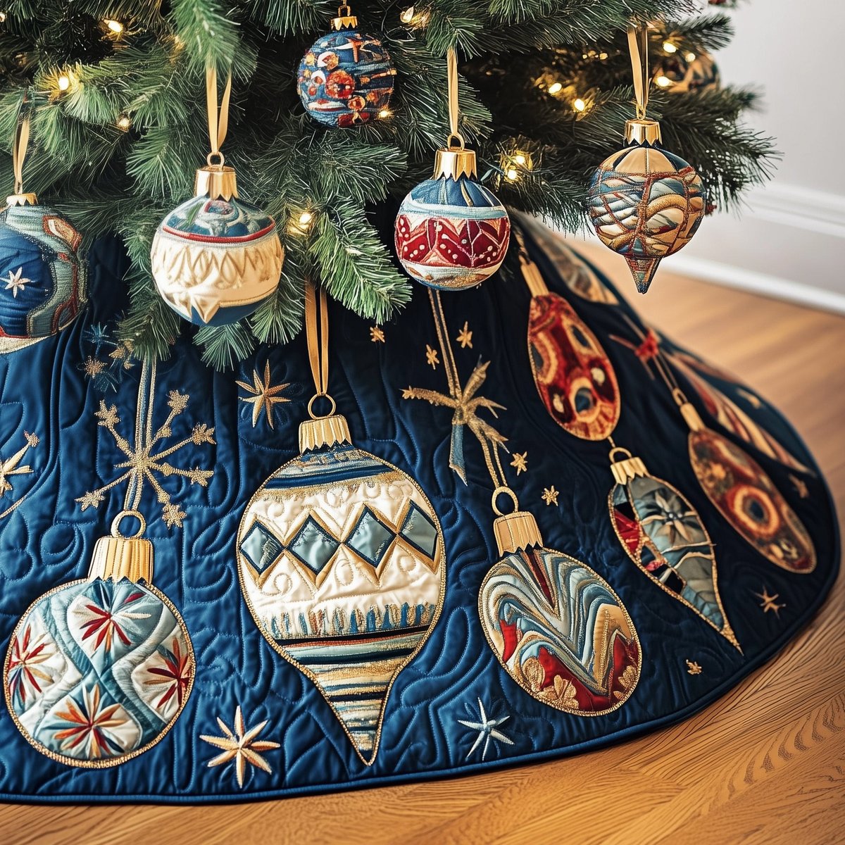 Patch Baubles on Navy Snowflake Christmas Tree Skirt - Made to Order TREEK101