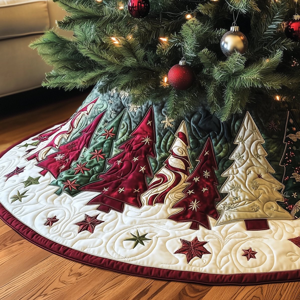 Crimson Trees and Gold Stars Christmas Tree Skirt - Made to Order TREEK101