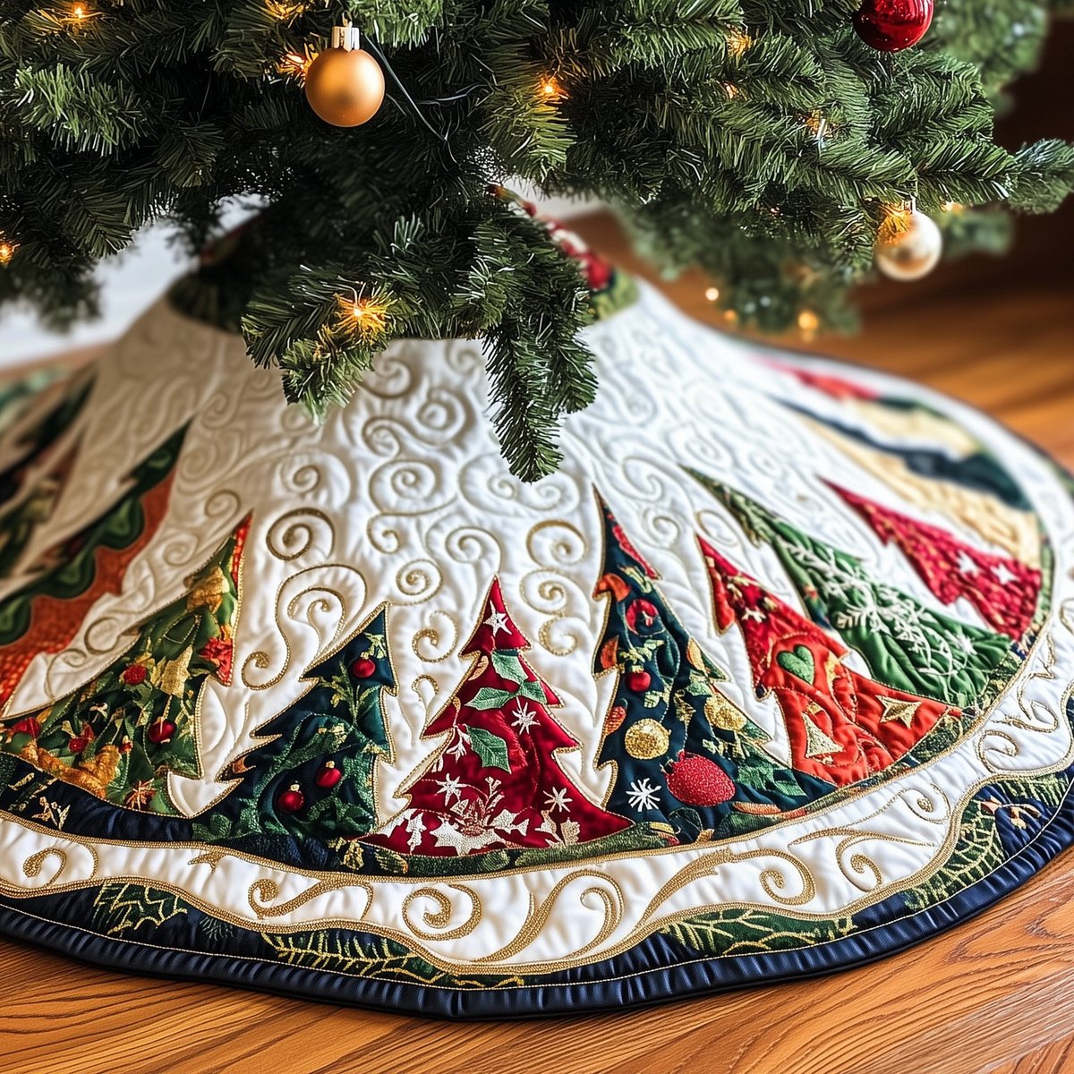 Harlequin Trees in a Gold Wave Christmas Tree Skirt - Made to Order TREEK101