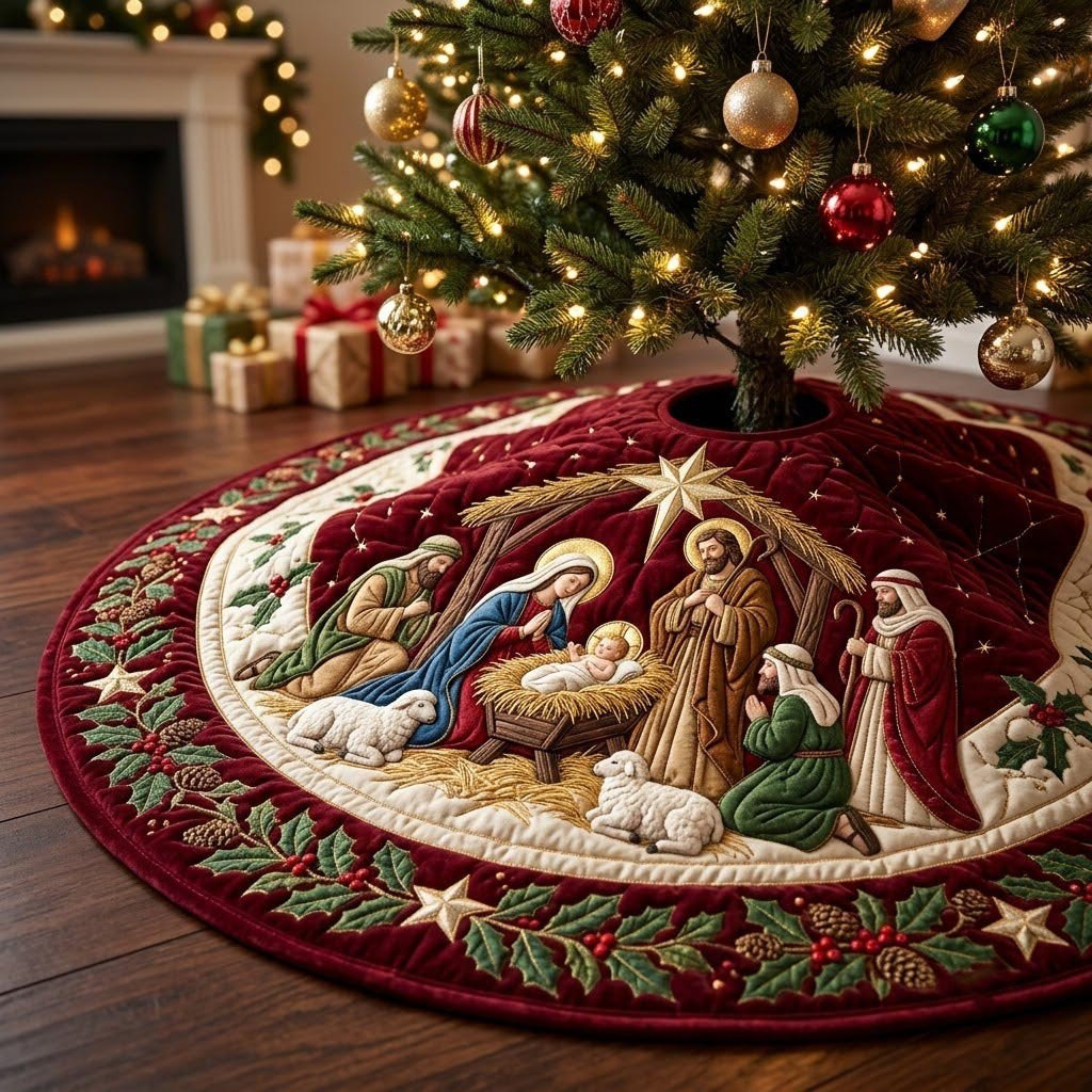 Nativity on a Crimson Wreath Ring Christmas Tree Skirt - Made to Order TREEK101