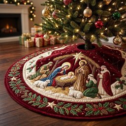 Nativity on a Crimson Wreath Ring Christmas Tree Skirt - Made to Order TREEK101