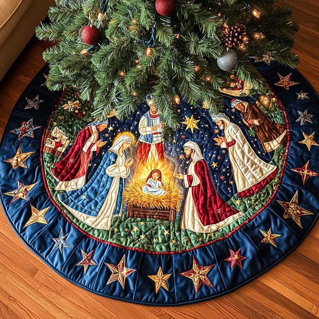Nativity in a Starry Border Christmas Tree Skirt - Made to Order TREEK101