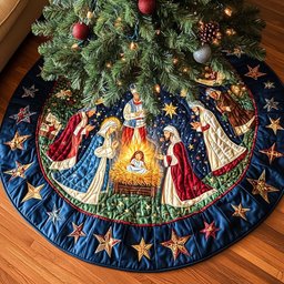 Nativity in a Starry Border Christmas Tree Skirt - Made to Order TREEK101