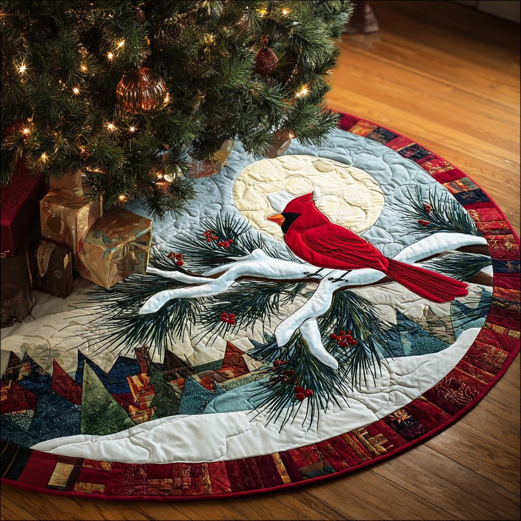 Cardinal on a Moonlit Bough Christmas Tree Skirt - Made to Order TREEK101