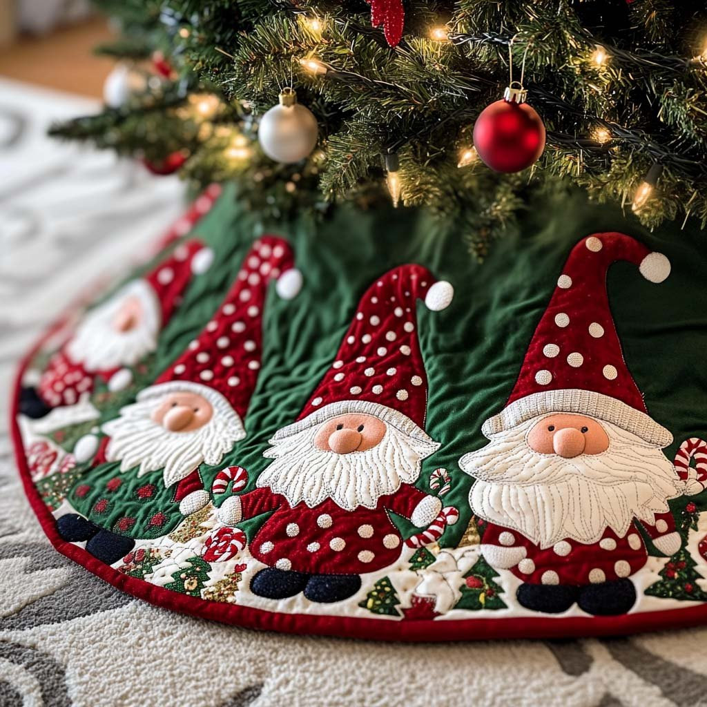 Santa Gnomes on Green Christmas Tree Skirt - Made to Order TREEK101