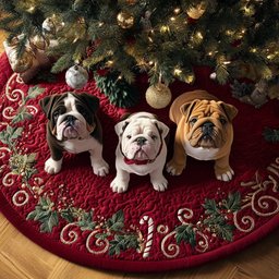 Three Bulldogs on Crimson Christmas Tree Skirt - Made to Order TREEK101