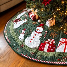 Snowman and Gifts on Green Christmas Tree Skirt - Made to Order TREEK101