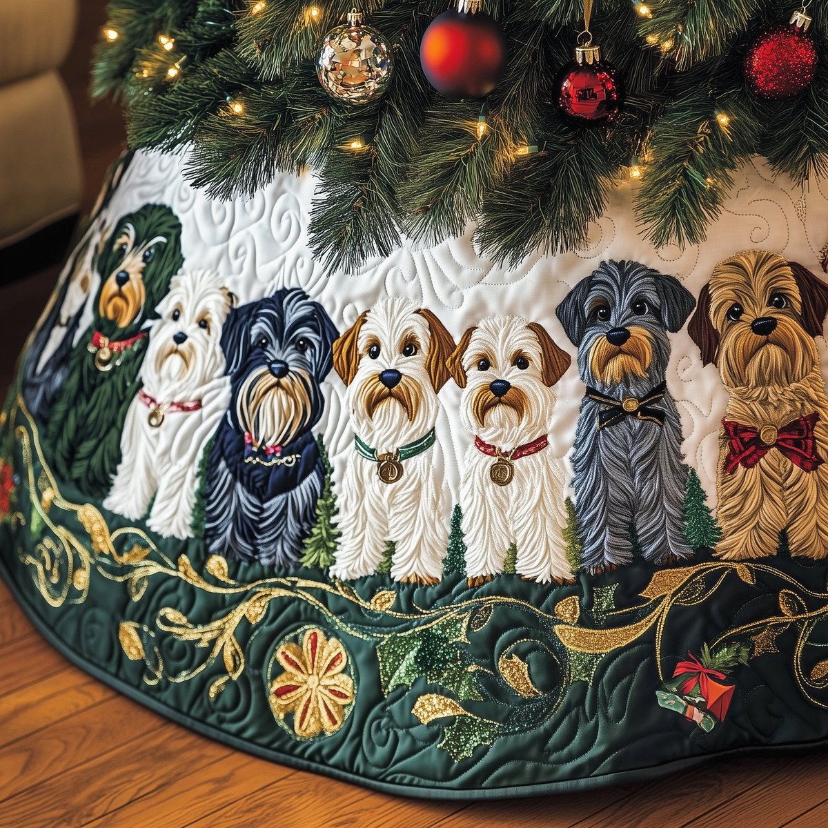 Schnauzer Five on Evergreen Christmas Tree Skirt - Made to Order TREEK101