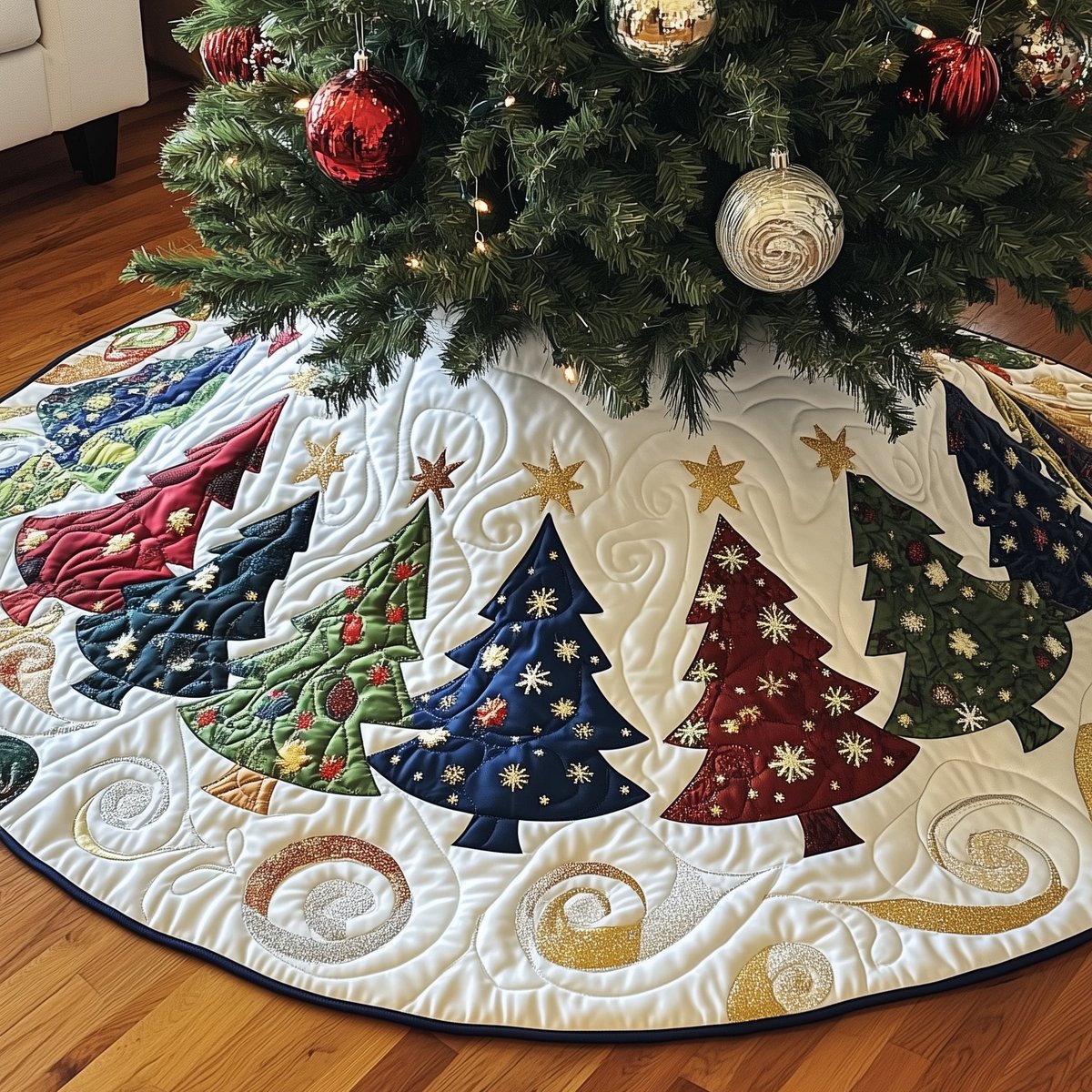 Starry Patch Trees on Cream Christmas Tree Skirt - Made to Order TREEK101