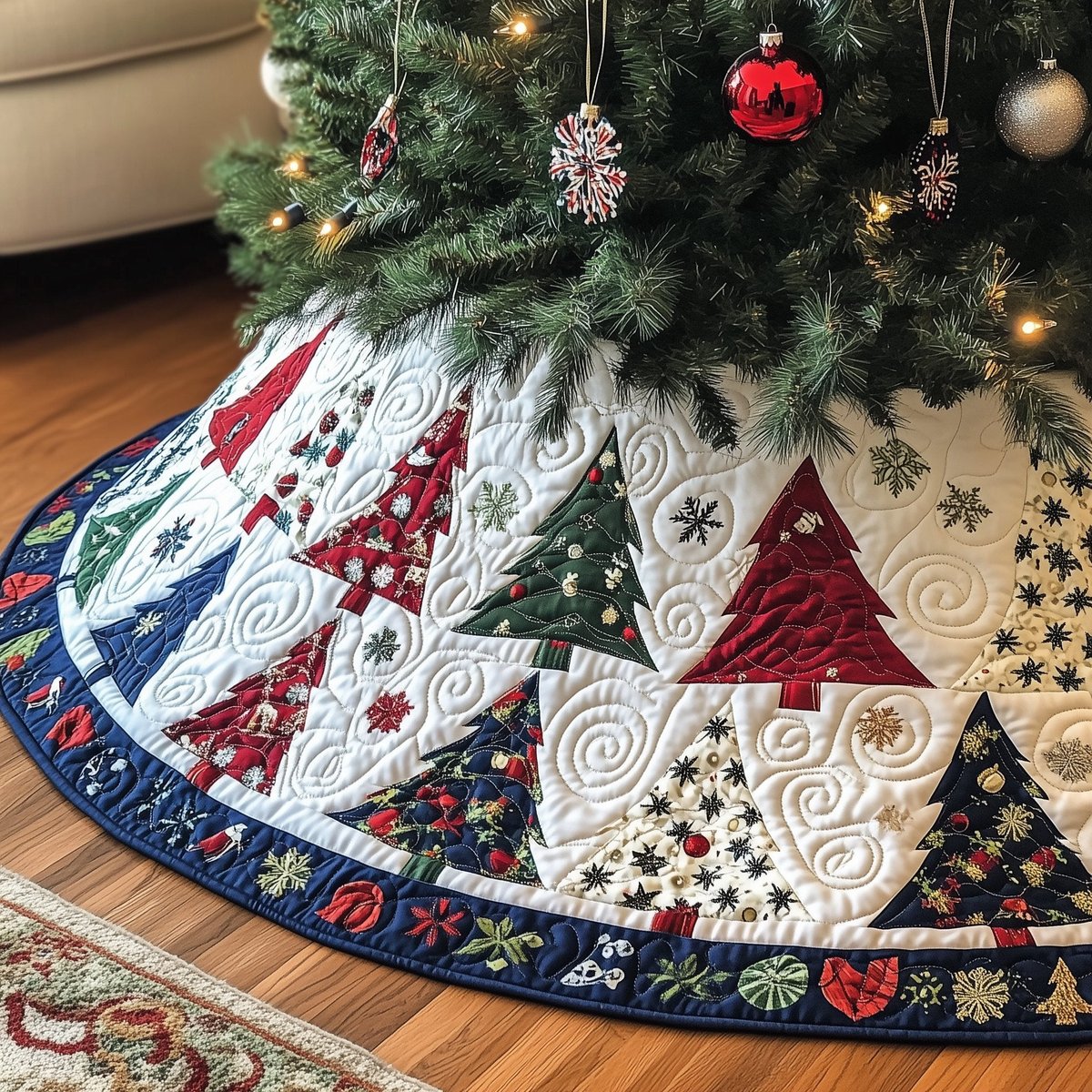 Calico Trees on a Snow Border Christmas Tree Skirt - Made to Order TREEK101