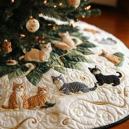 Cat Gathering in the Snow Christmas Tree Skirt - Made to Order TREEK101