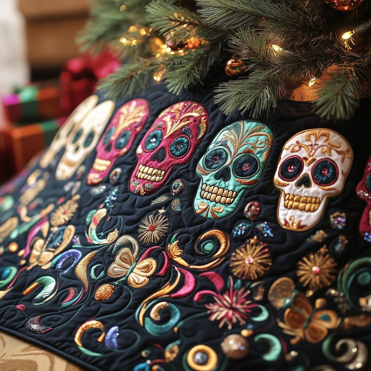 Festive Skull Christmas Tree Skirt - Made to Order TREEK101