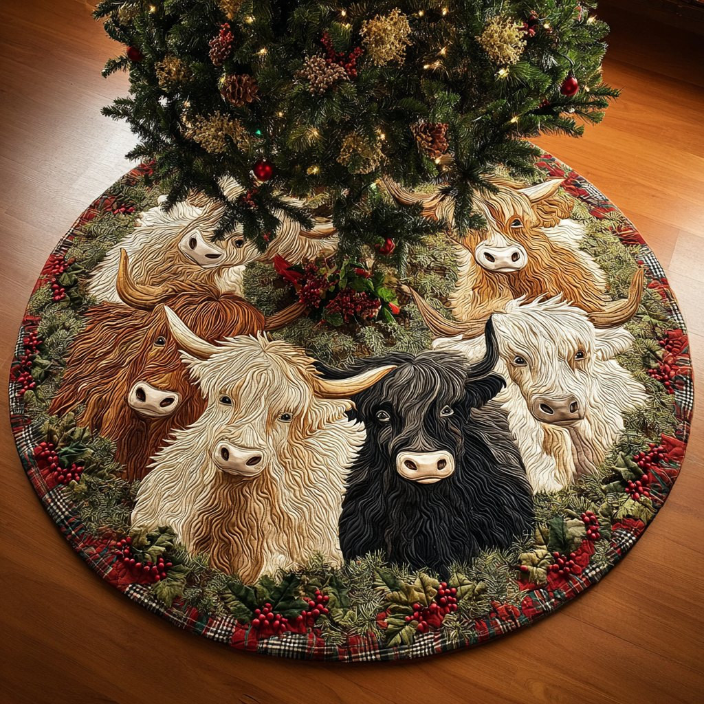 Highland Cow Lights Christmas Tree Skirt - Made to Order TREEK101