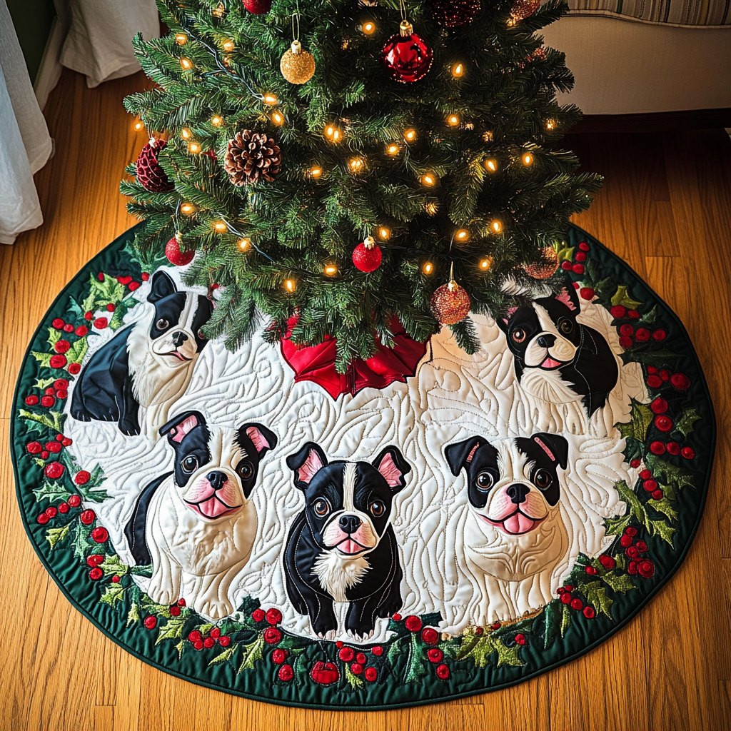 Boston Terrier Sleigh Bells Christmas Tree Skirt - Made to Order TREEK101