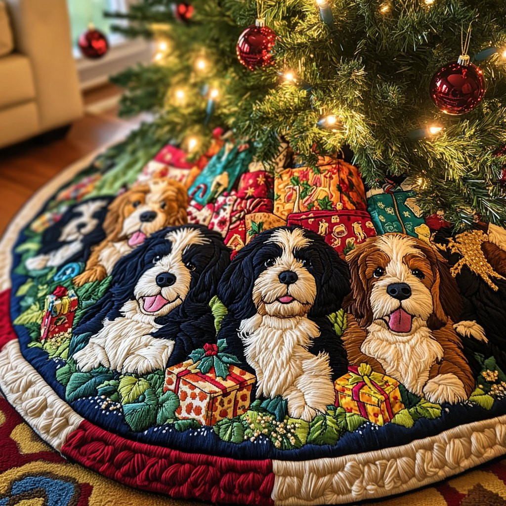 Bernedoodle Snowy Delight Christmas Tree Skirt - Made to Order TREEK101