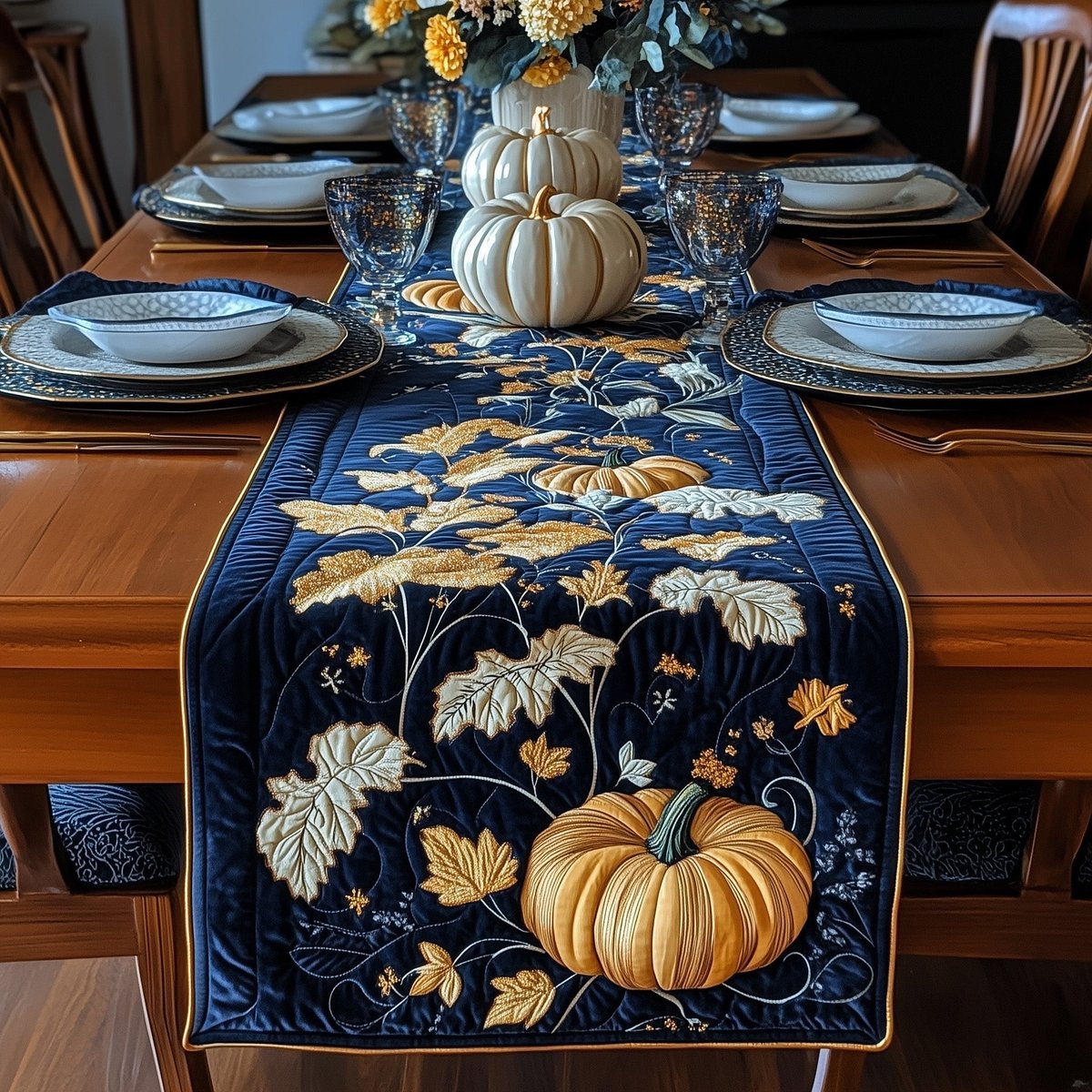 Golden Pumpkin on Navy with Leaves Table Runner - Made to Order TABLE928