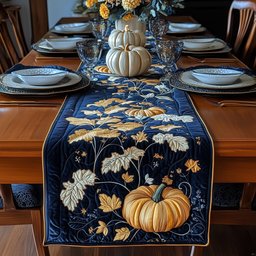 Golden Pumpkin on Navy with Leaves Table Runner - Made to Order TABLE928