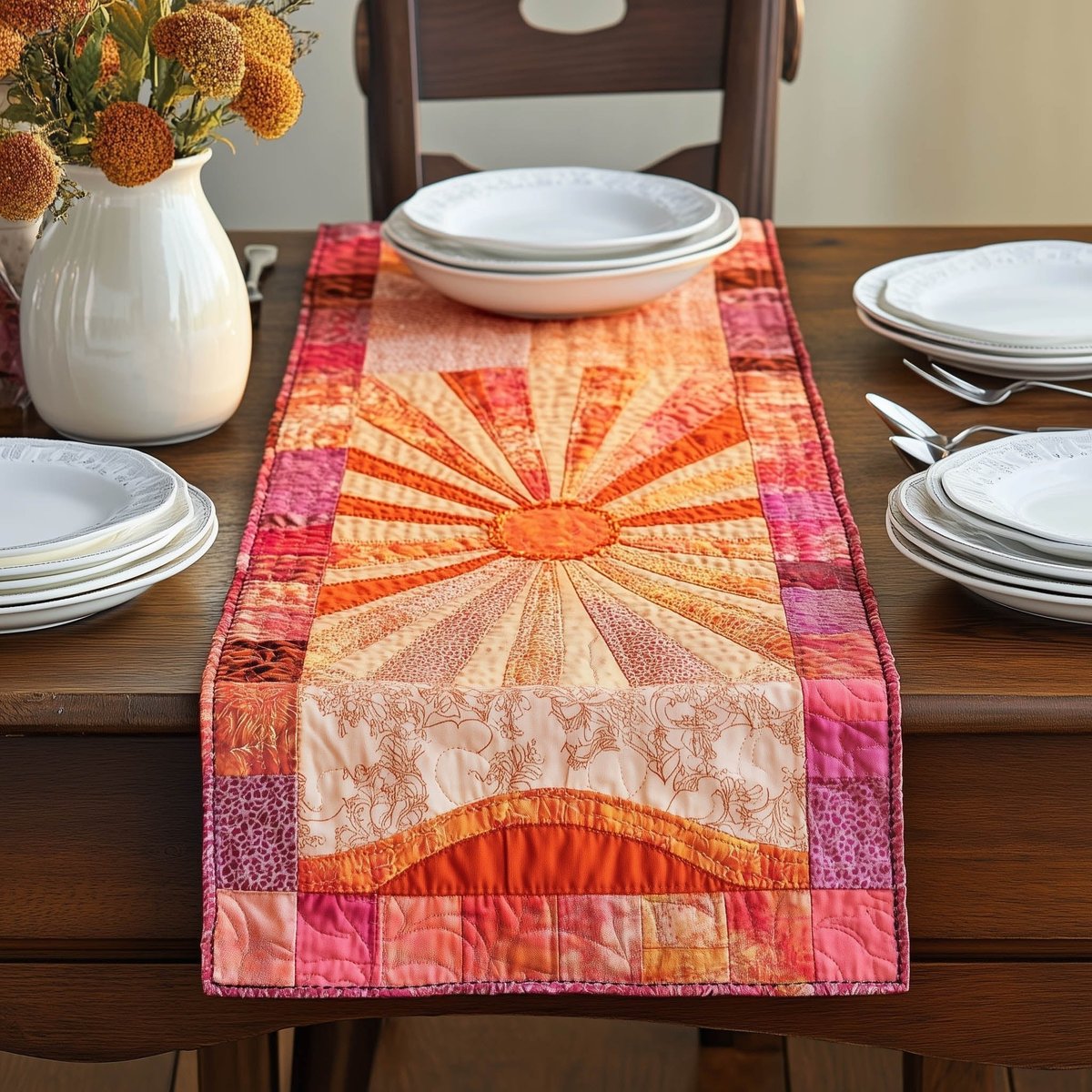 Coral Sun Rays on Ivory Panel Table Runner - Made to Order TABLE928