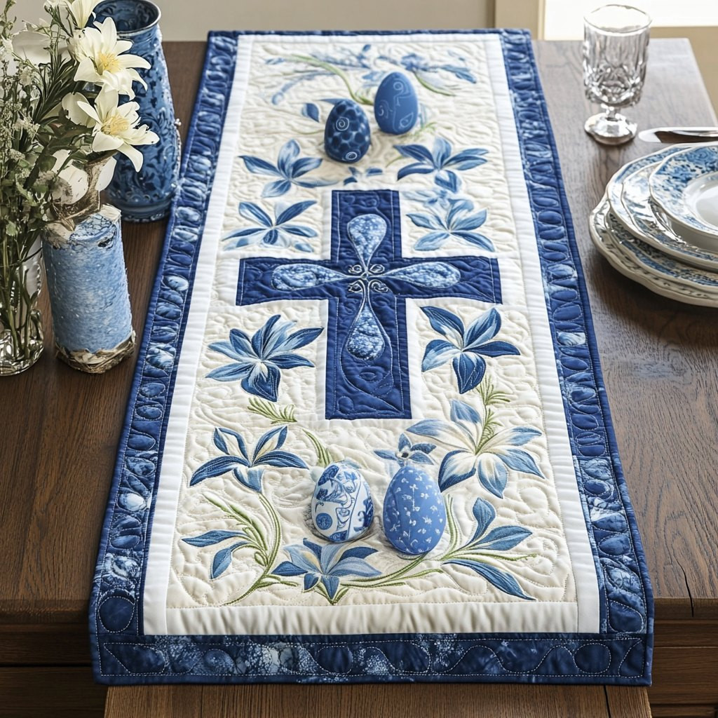 Blue Cross with Flowers and Eggs Table Runner - Made to Order TABLE928