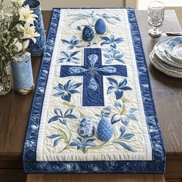 Blue Cross with Flowers and Eggs Table Runner - Made to Order TABLE928