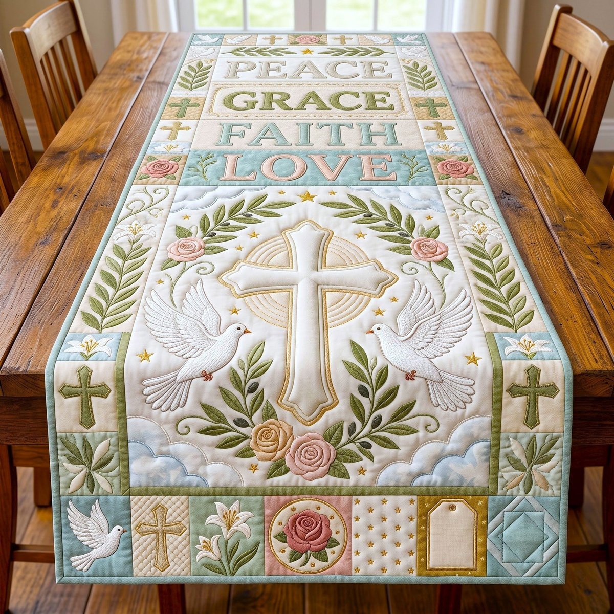 Dove Cross Peace Grace Faith Love Table Runner - Made to Order TABLE928