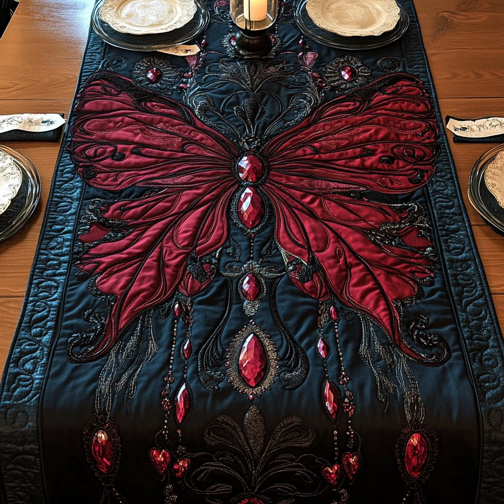 Deep Red Butterfly on Black Table Runner - Made to Order TABLE928