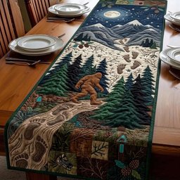 Bigfoot in Green Forest with Footprints Table Runner - Made to Order TABLE928
