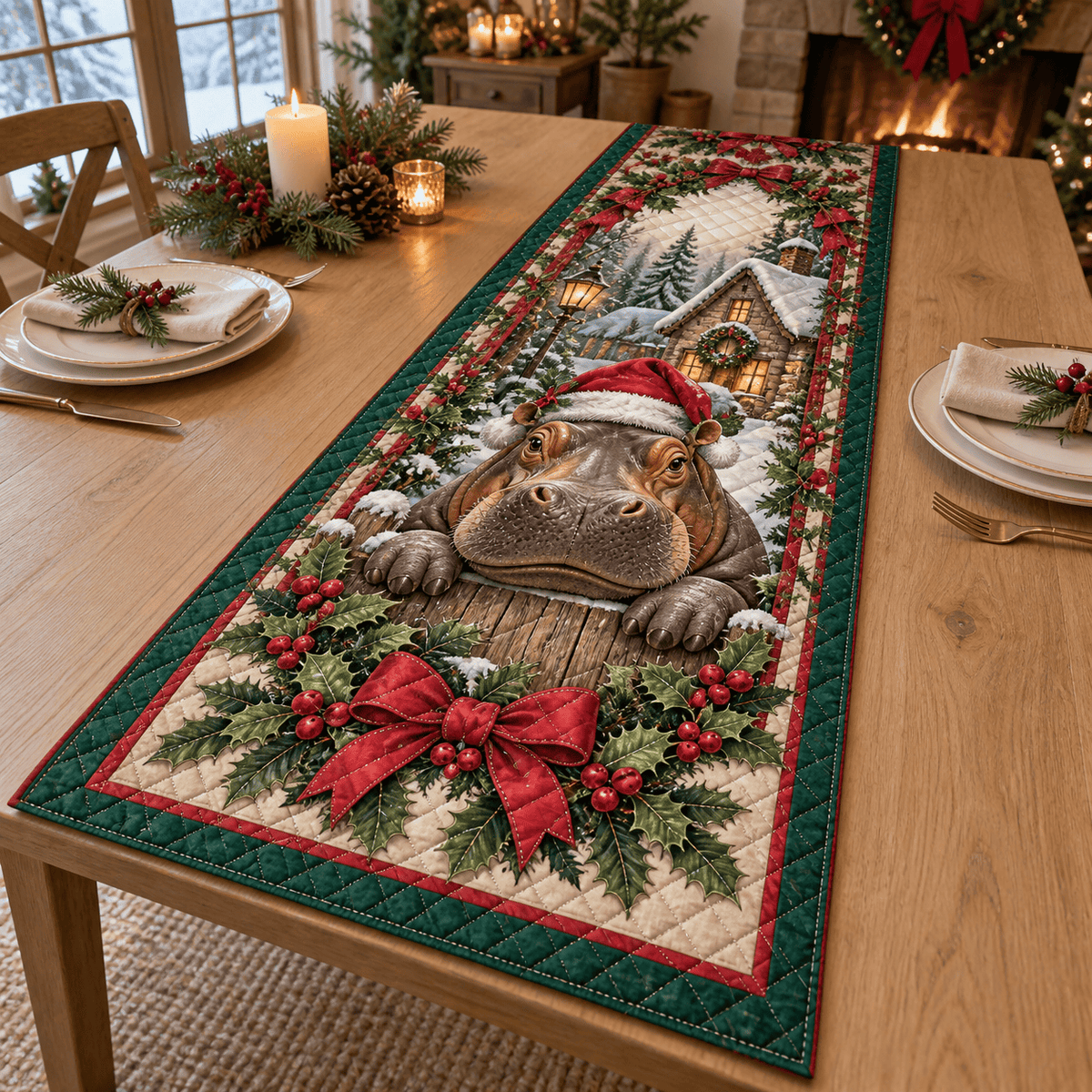 Hippopotamus Christmas Quilted Table Runner TABLE928