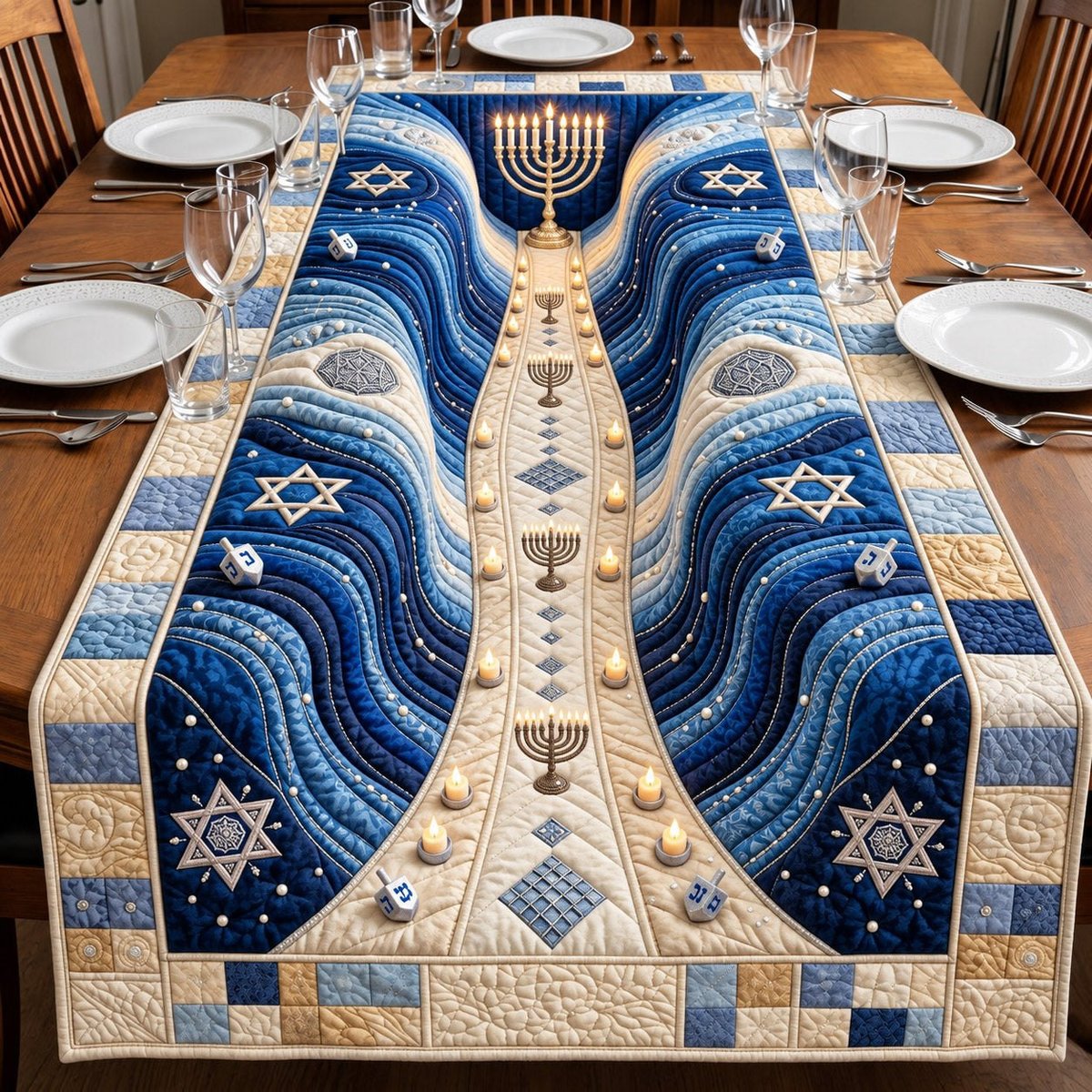 Blue Wave Hanukkah Star Table Runner - Made to Order TABLE928