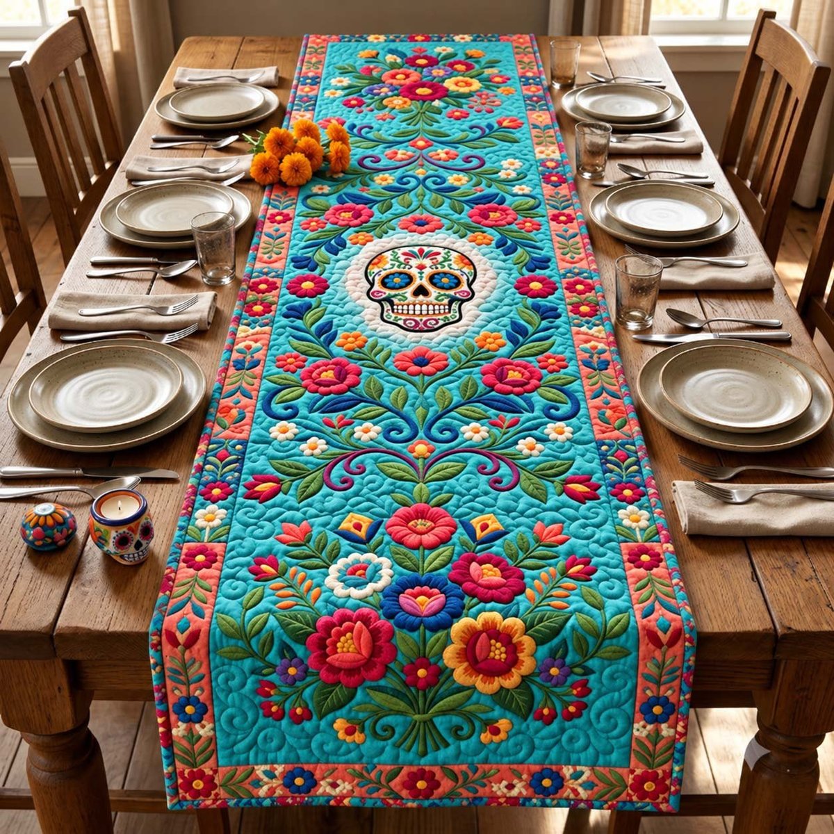 Turquoise Floral Skull Table Runner - Made to Order TABLE928