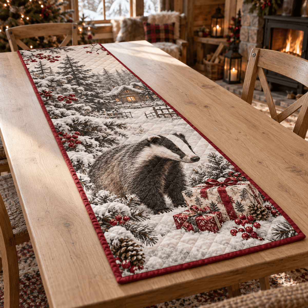 Winter Badger Christmas Quilted Table Runner TABLE928