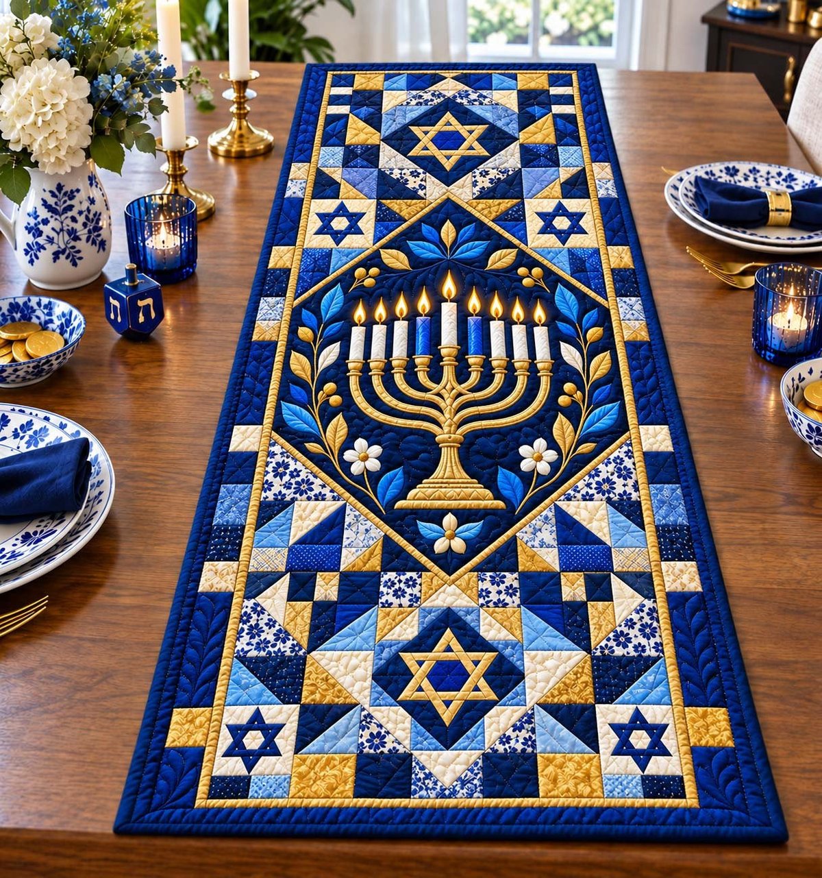 Star Quilt Block Menorah Table Runner - Made to Order TABLE928