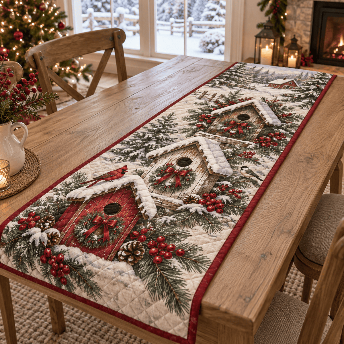 Snowy Birdhouse Christmas Quilted Table Runner TABLE928