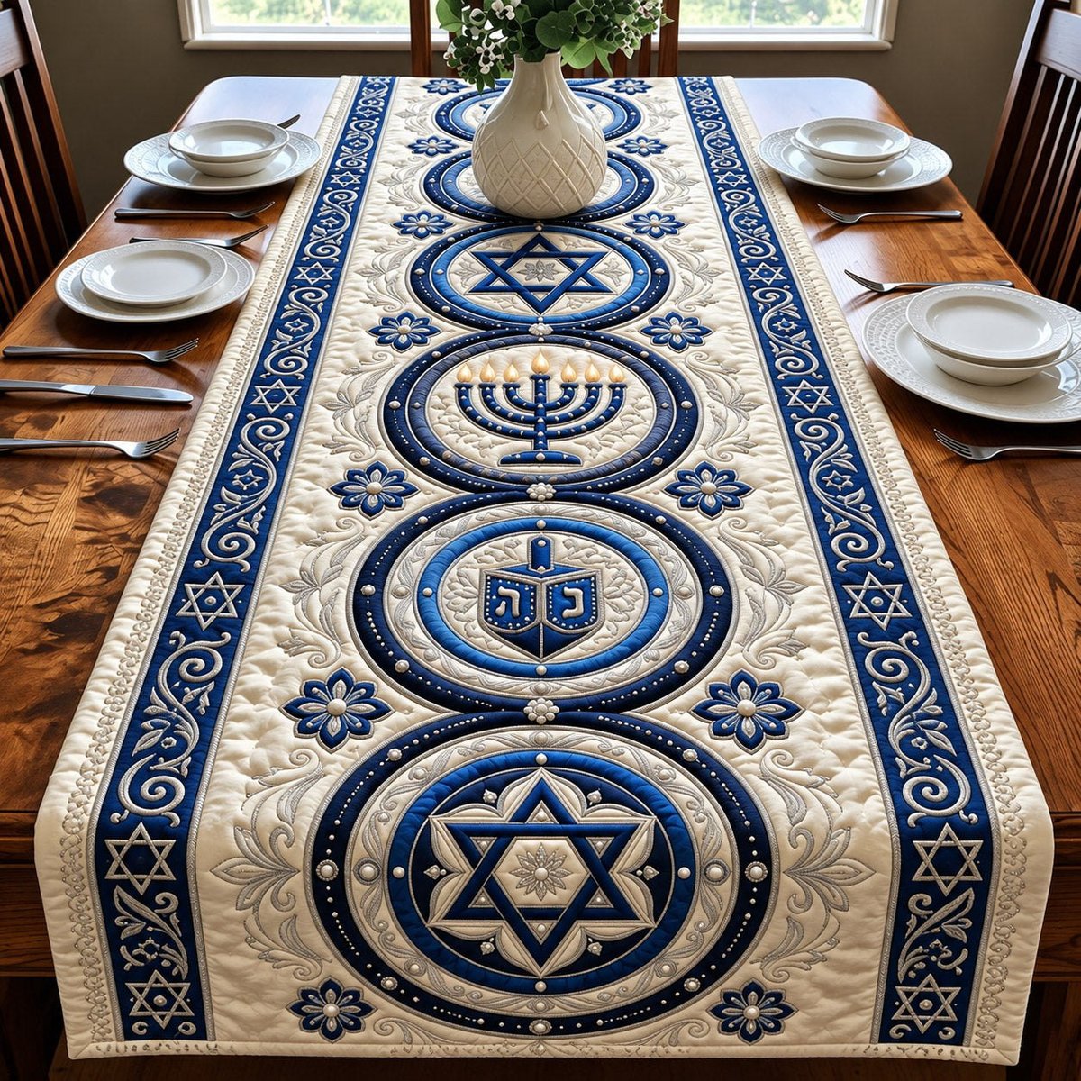 Medallion Hanukkah Blue Table Runner - Made to Order TABLE928