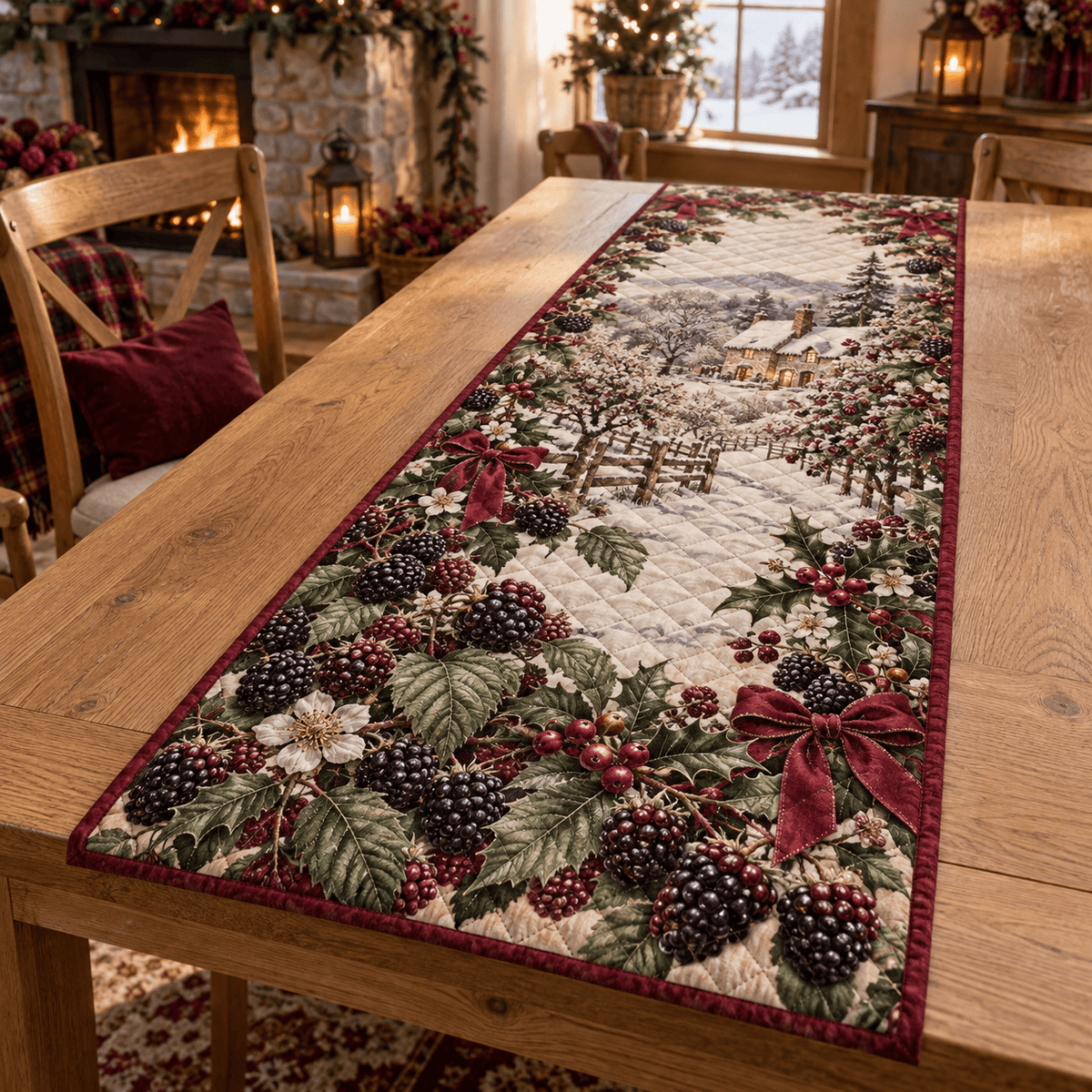 Holiday Blackberry Christmas Quilted Table Runner TABLE928