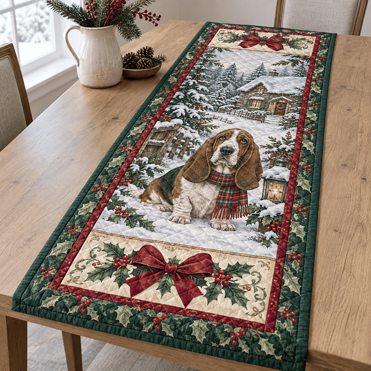 Basset Hound Christmas Quilted Table Runner TABLE928