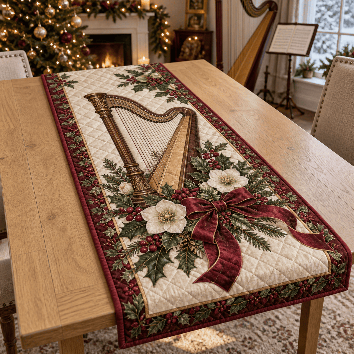 Holiday Harp Christmas Quilted Table Runner TABLE928