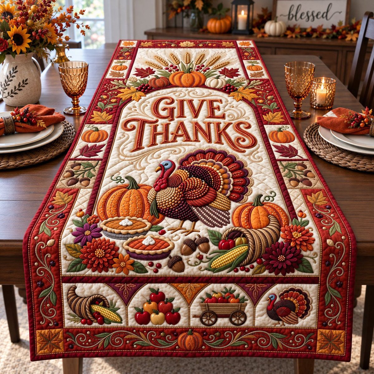 Give Thanks Turkey Table Runner - Made to Order TABLE928