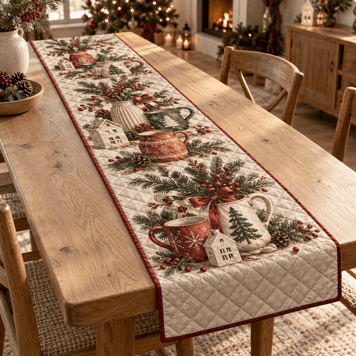 Winter Pottery Christmas Quilted Table Runner TABLE928