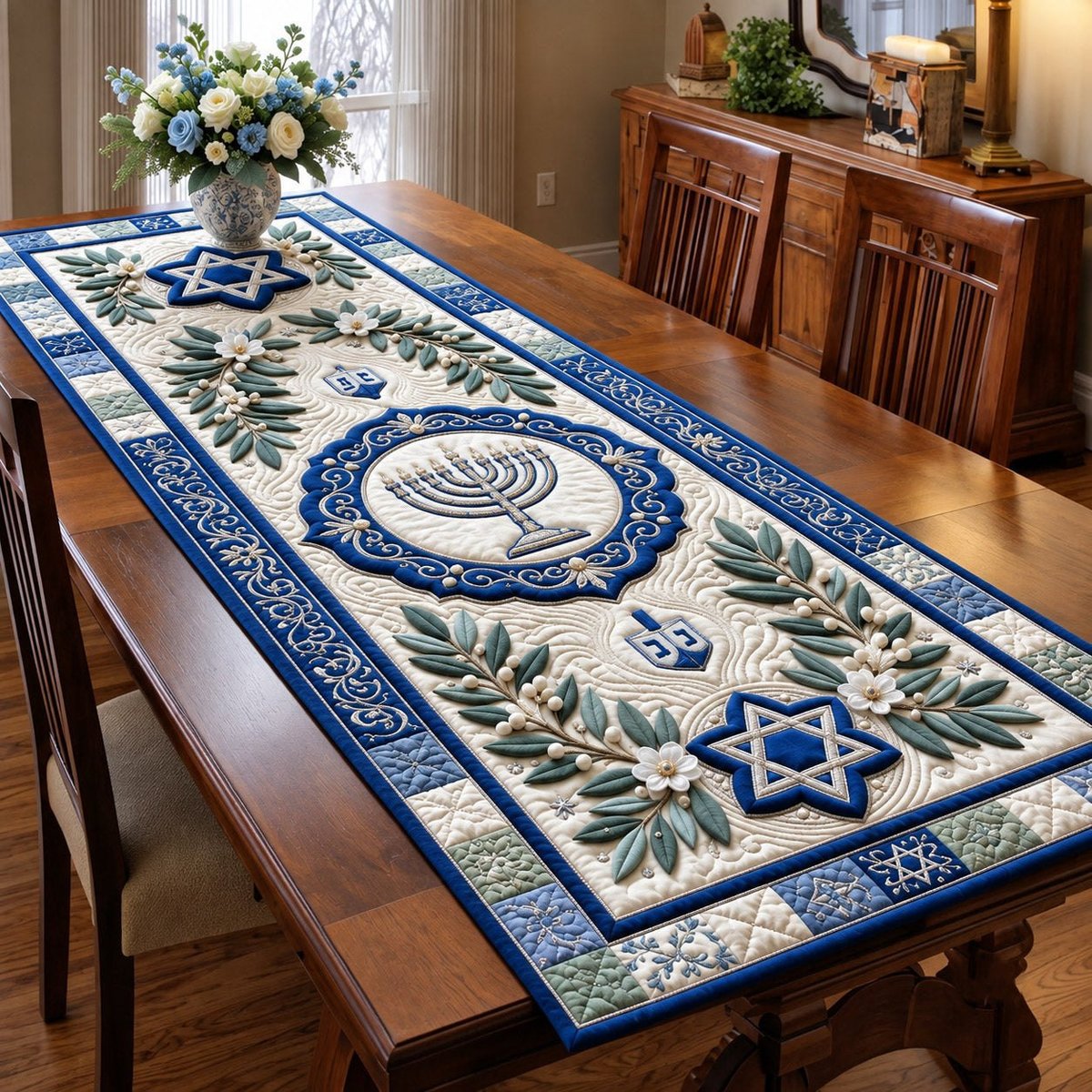 Olive Wreath Hanukkah Celebration Table Runner - Made to Order TABLE928