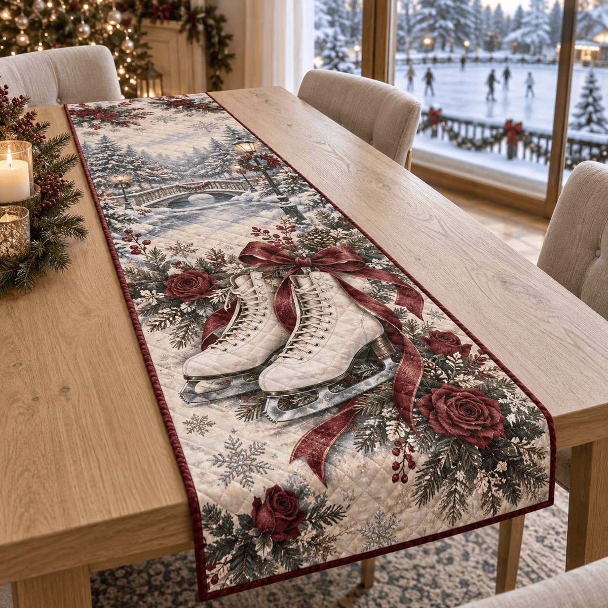 Ice Skate Roses Christmas Quilted Table Runner TABLE928