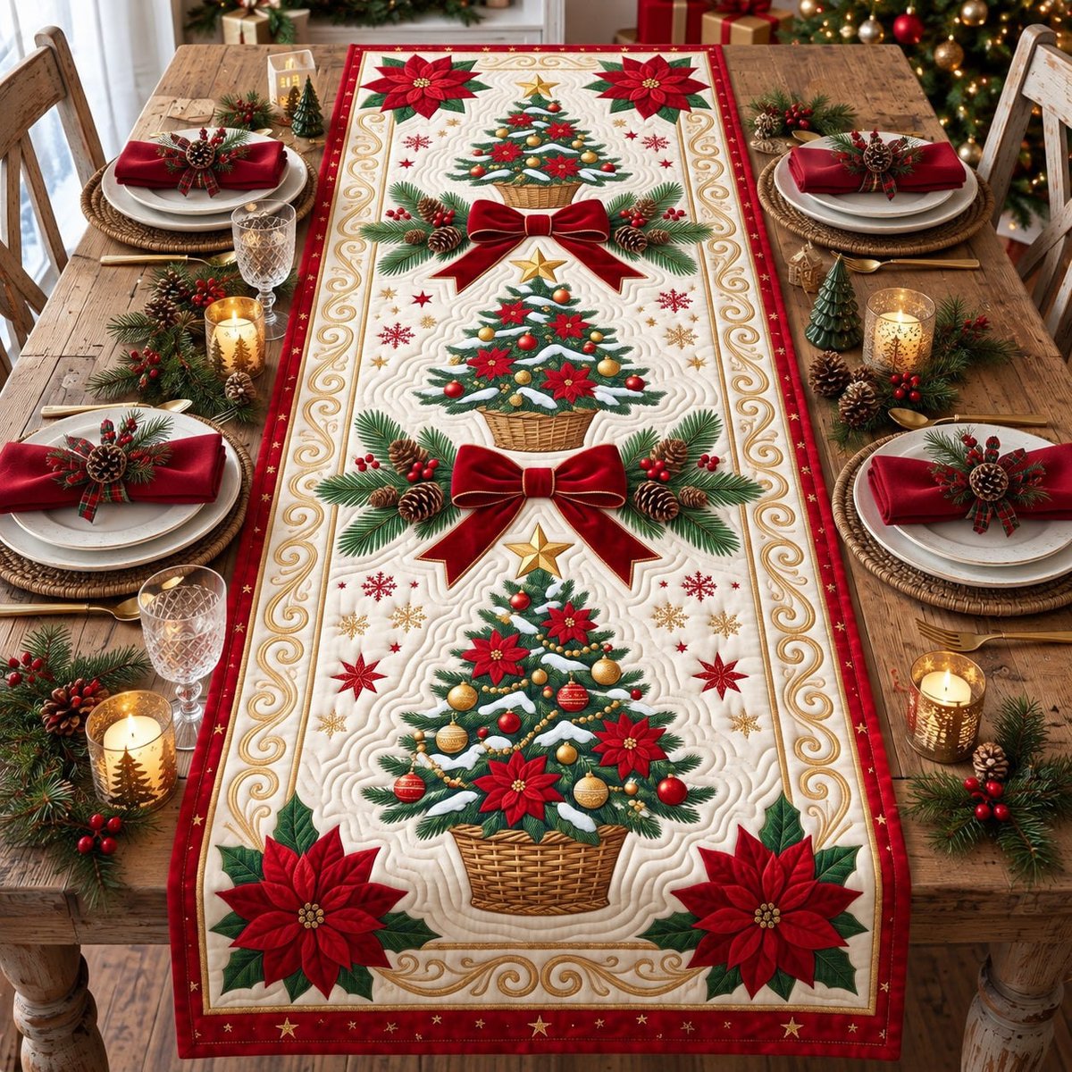 Poinsettia Pine Tree Table Runner - Made to Order TABLE928