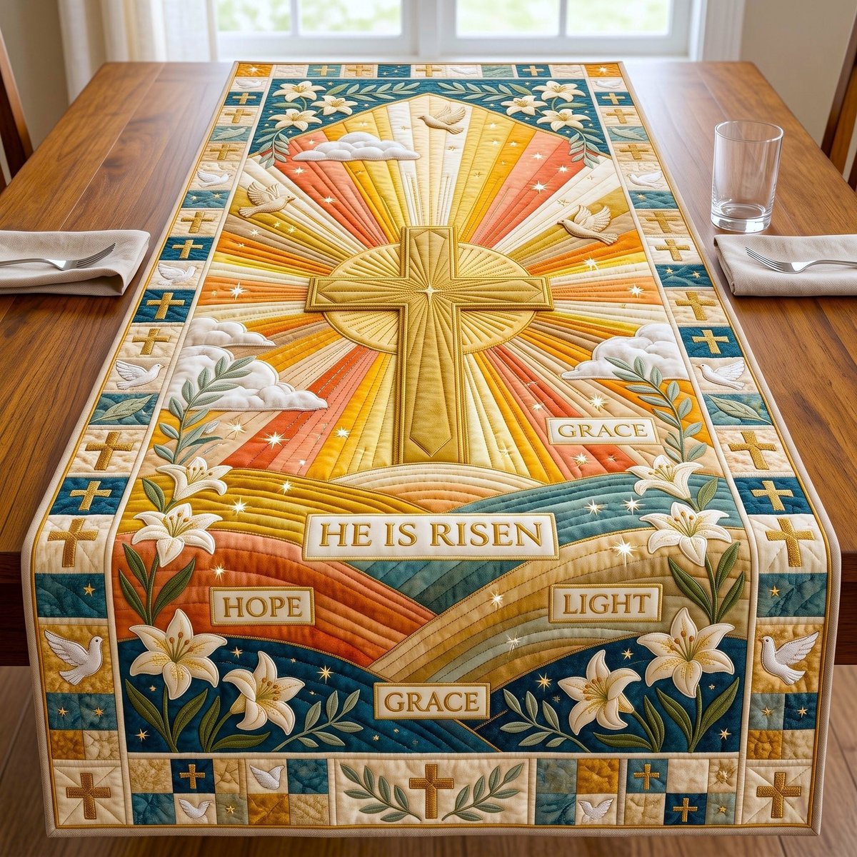He Is Risen Sunburst Cross Table Runner - Made to Order TABLE928
