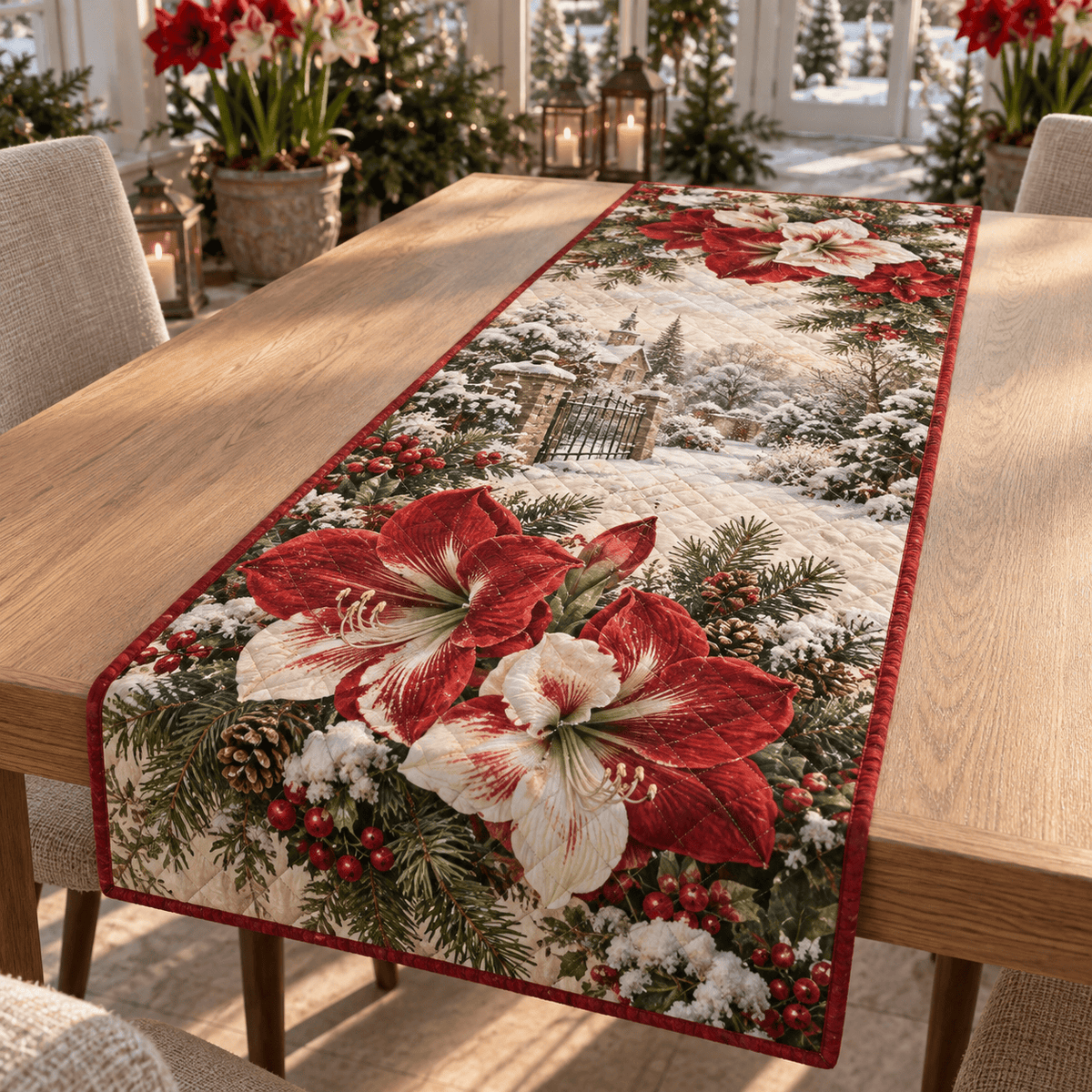 Winter Amaryllis Christmas Quilted Table Runner TABLE928