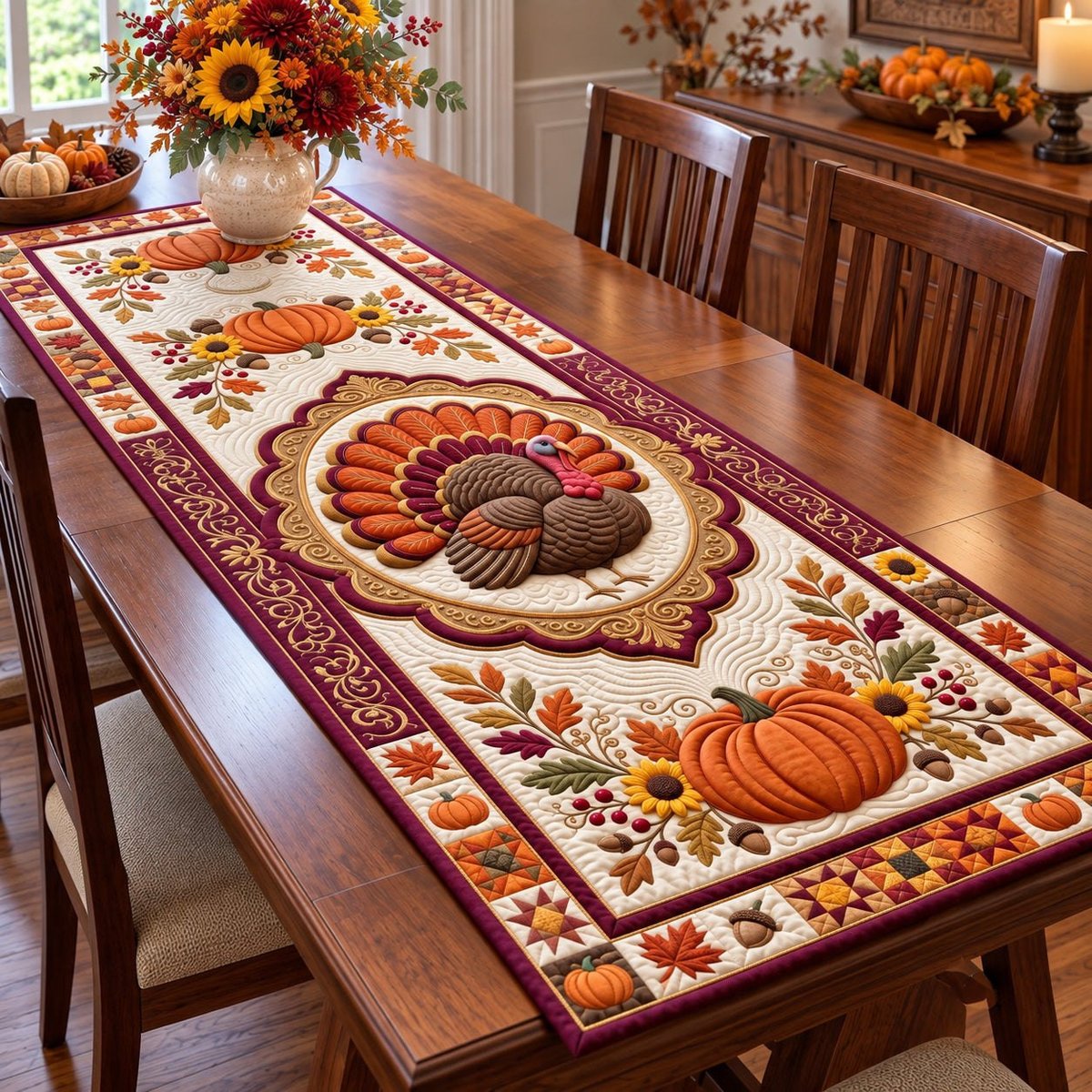 Cream Medallion Harvest Turkey Table Runner - Made to Order TABLE928