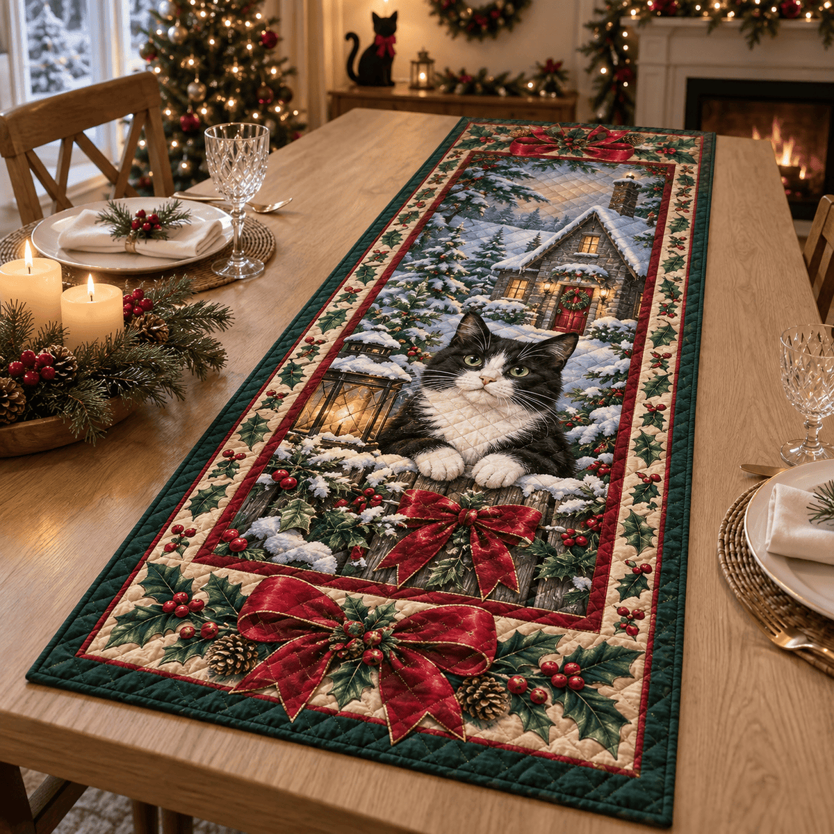 Tuxedo Cat Christmas Quilted Table Runner TABLE928