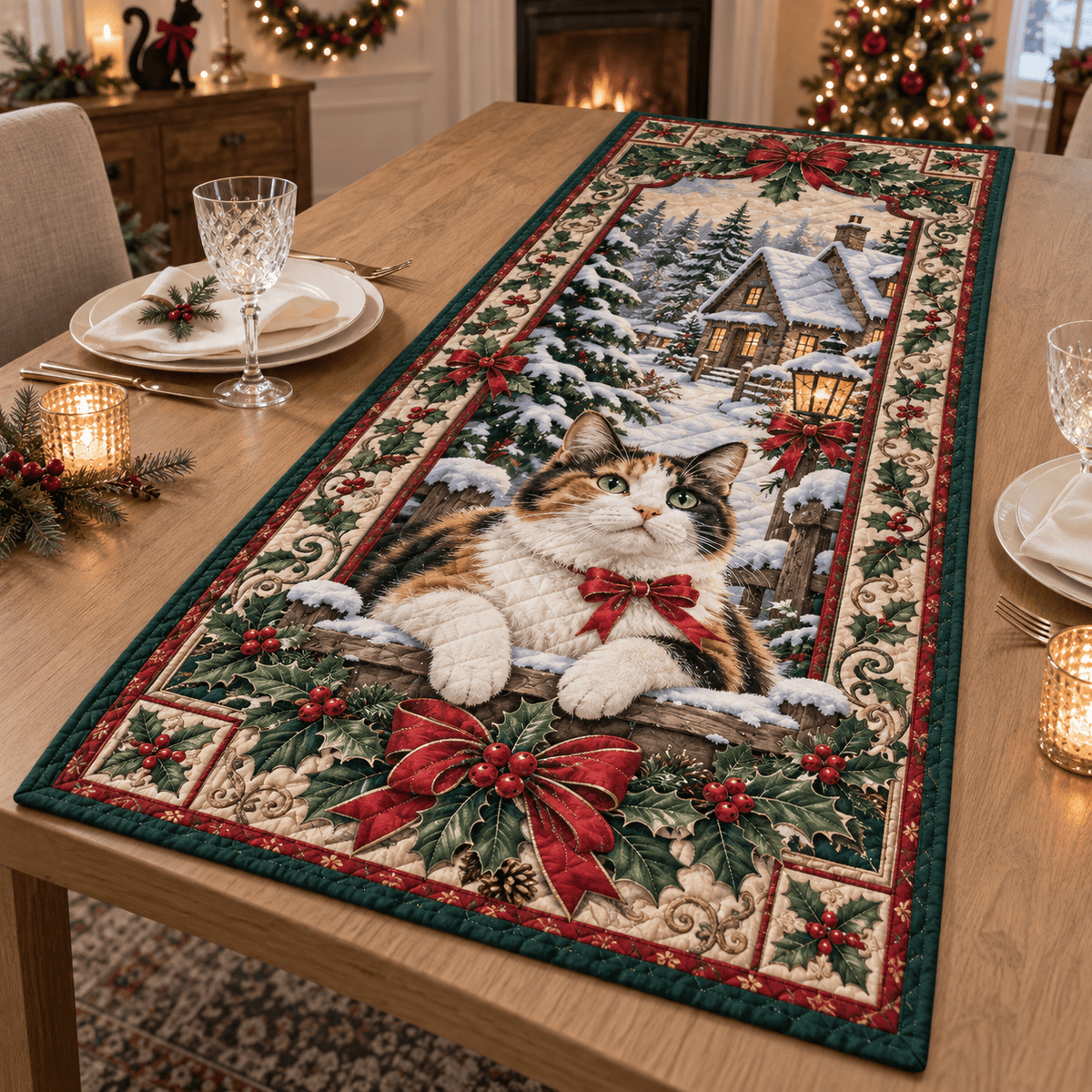 Calico Cat Christmas Quilted Table Runner TABLE928