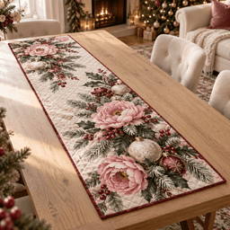 Winter Peony Christmas Quilted Table Runner TABLE928